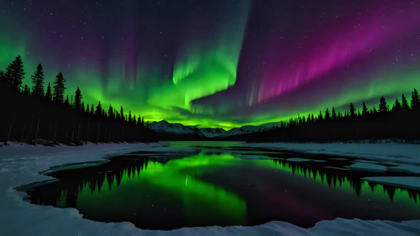 The extraordinary beauty of the aurora borealis shines in the dark night sky. Bright colors, moving and changing shape, create a mesmerizing dance of light above the horizon.