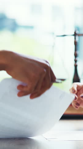 Meeting, lawyers and signature for business people for legal consultation, contract and discussion in office. Deal, professional and workers with documents for legislation, agreement and law firm