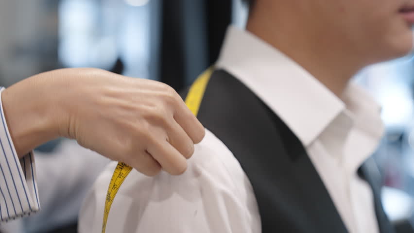 Close up young adult happy man asia people prepare custom tailoring made clothes for wedding party get dressed up tape scale measure try on full male suit at fitting room modern luxury shirt store.