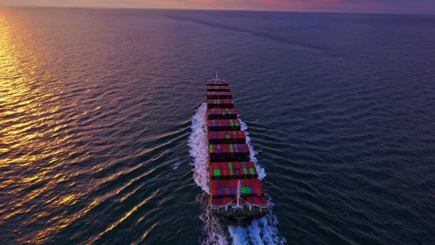 A breathtaking 4K aerial time-lapse capturing a massive container ship navigating through the vast open sea, carrying countless colorful shipping containers stacked in precise rows. 