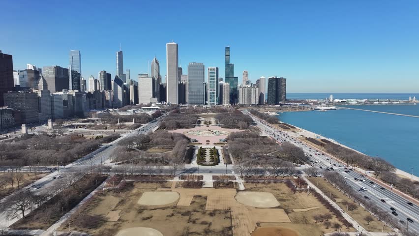 Grant Park At Chicago In Illinois United States. Highrise Building Scenery. Downtown City Landscape. Grant Park At Illinois United States. Business District. Nature Park Scene.