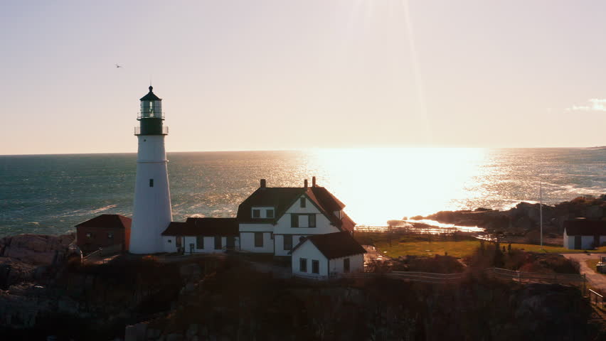 Morning Drone View of Portland Head Light in Cape Elizabeth, Maine