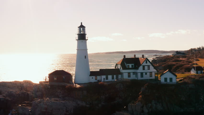 Morning Drone View of Portland Head Light in Cape Elizabeth, Maine