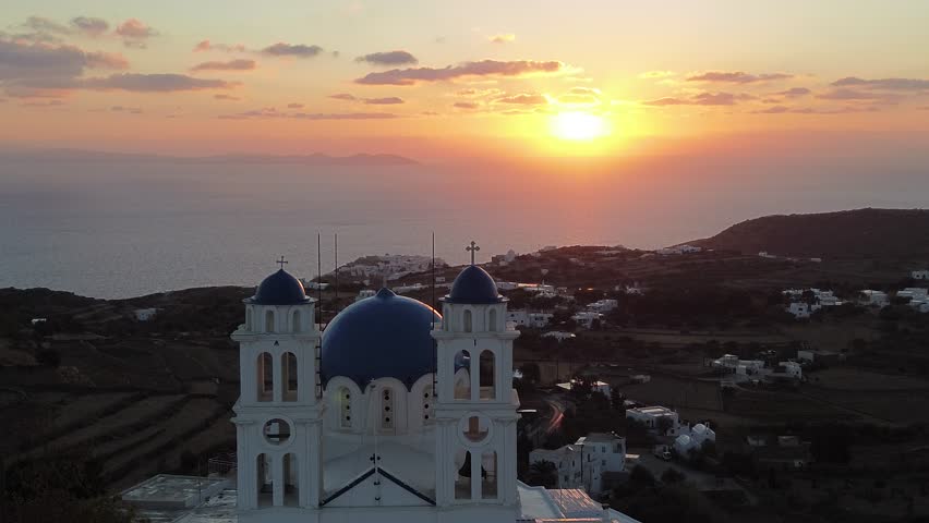 Apollonia, Island Sifnos, Greece - October 28th, 2024 - drone footage of the town, temples, sunrise