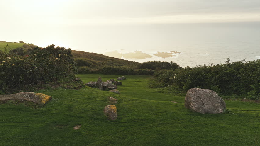 Coastal Landscape with Green Fields and Ocean View