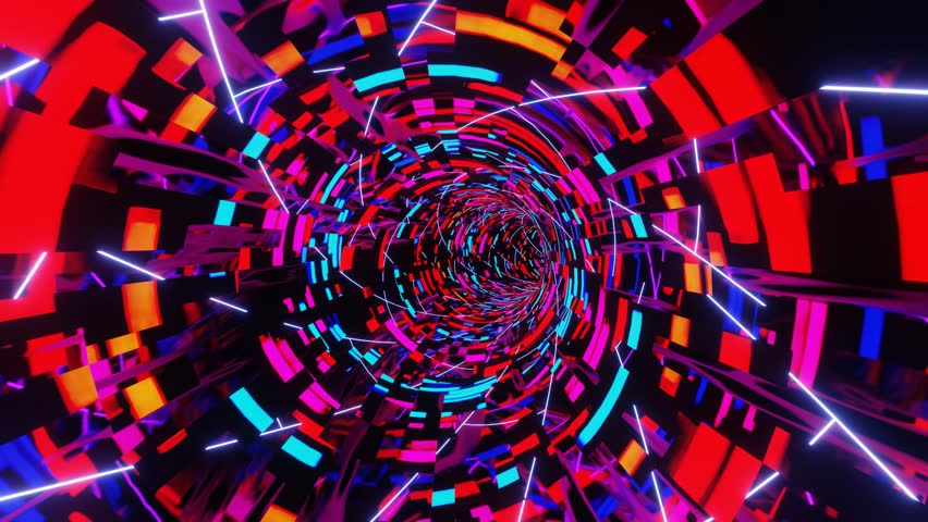 A 3d illustration with endless sci fi tunnel creating geometric neon abstraction with glowing lights