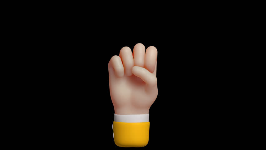 Seamless 4K loop of counting numbers three gesture in yellow sleeve. 3D emoji cartoon animation render with alpha transparent background.