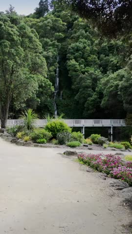 Tranquil waterfall cascading down a lush hillside. Nature