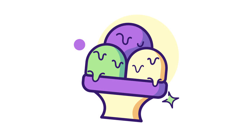 Animated ice cream with colorful scoops, featuring drips and sparkling effects. Perfect for dessert, summer, and food-related content in 4K resolution with alpha channel.