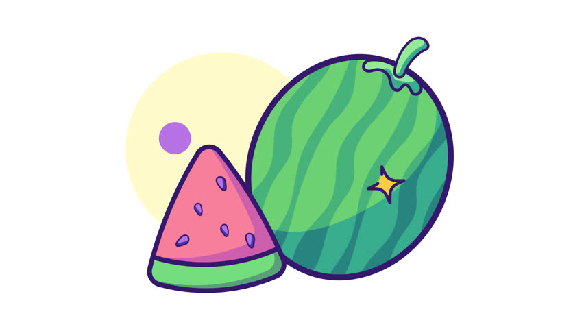 Animated watermelon slice with whole watermelon, featuring vibrant colors and sparkling effects. Perfect for summer, fruit, and healthy lifestyle content in 4K resolution with alpha channel.
