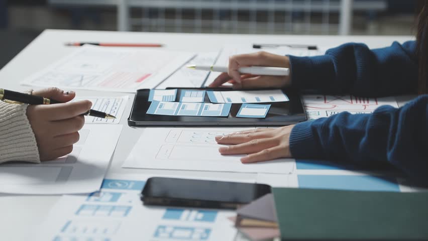 ux Graphic designer creative sketch planning application process development prototype wireframe for web mobile phone . User experience concept.