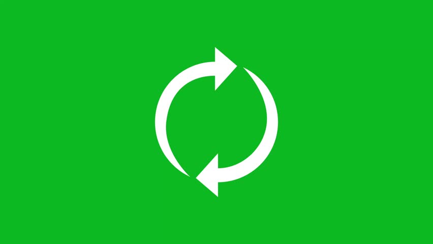 Reload icon animation. Rotating circular arrows on a green screen background