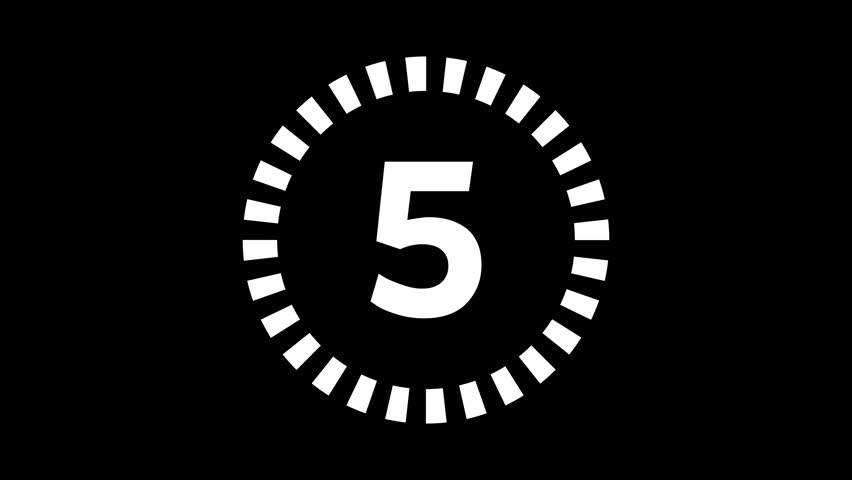 Simple animation of a countdown timer from 5 to 0 on a black background