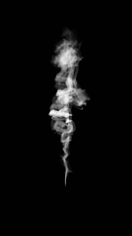 Thin Wisp of White Smoke with very Low Density going up Slowly on a Black Background.