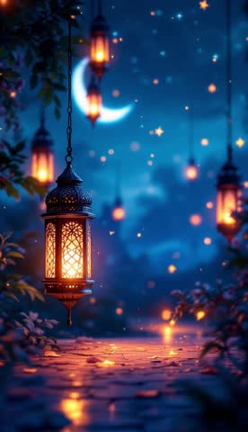 ramadan lantern hanging under crescent moon and stars at night islamic holiday