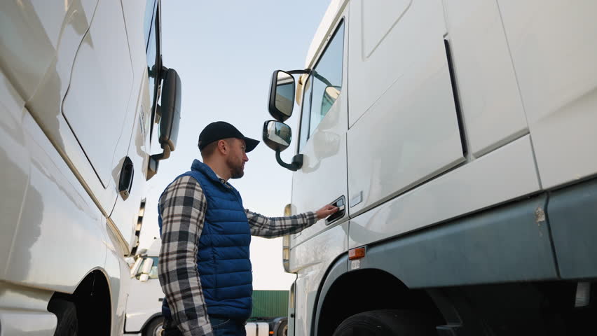 Truck driver entering the cabin before starting a trip