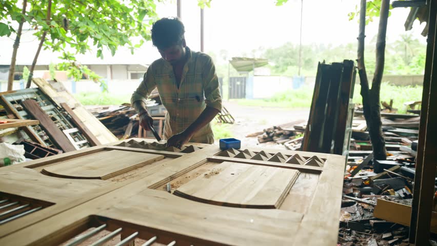 Carpenter fastens wooden panels to build a sturdy door, Furniture maker taps nails into the wood using hammer, Artisan perfects each joint, Woodworker assembling the frame, under rustic shelter, Shop