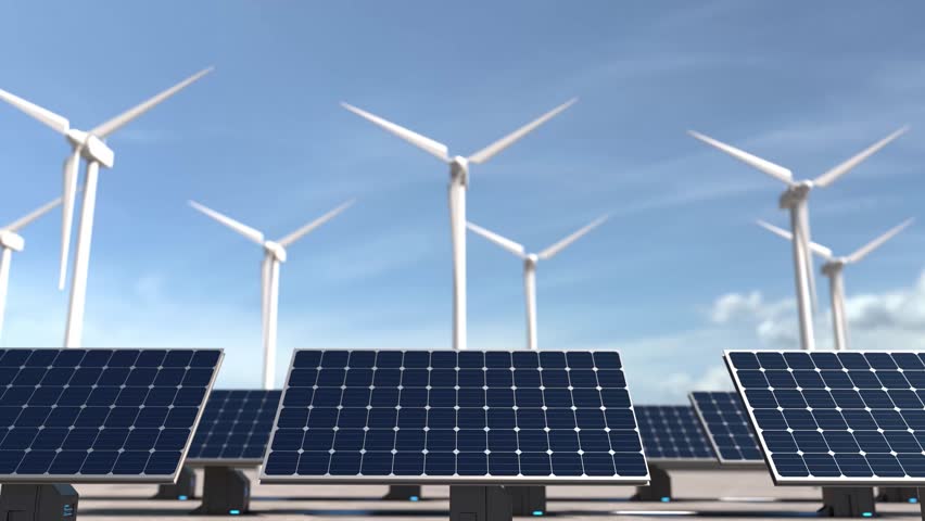 Renewable energy from solar panels and wind turbines with digital data, Green alternative energy concept.