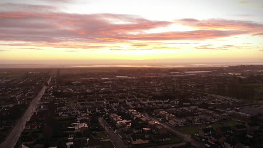 Aerial View over Dundalk at Sunrise, Louth, Ireland 
