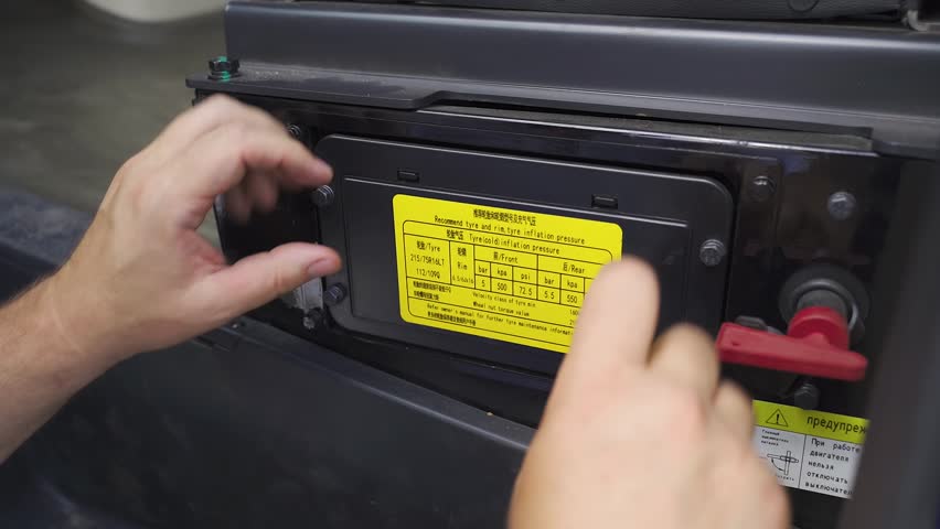 A man carefully opens the cover of a bus fuse box, examining the components within. His focused hands reveal the importance of maintenance for safe travel.