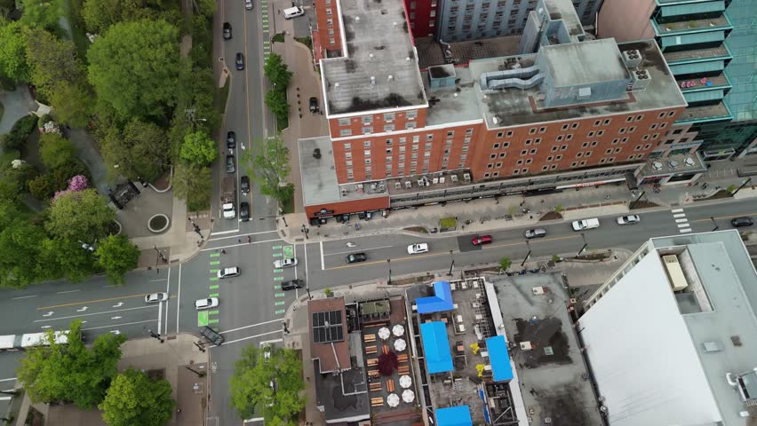 Aerial Footage Of Halifax, Nova Scotia, Showing The Unique Combination Of Ancient Streets And Modern Skyscrapers. This Video Captures The Evolving Cityscape From An Elevated Perspective.