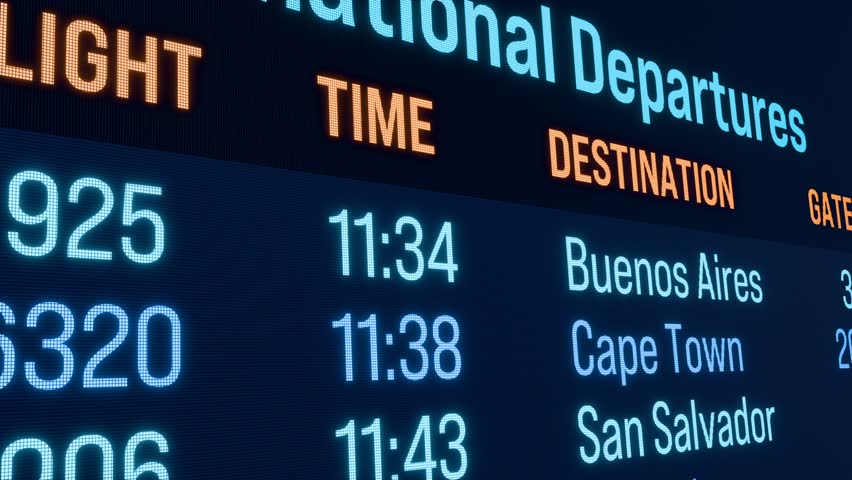 Close-up arrival departure board., time table, flight board. Airport time table, flight board, all flight are cancelled. Travel destination, vacation, business, transport. 3D animation