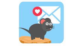 An animated cartoon mouse stands on a wood slice, with a white envelope and a red heart icon above. Alpha channel. Seamless looping. A cute animal email notification with humor and a happy expression. - Powered by Shutterstock - Get 15% off with code: PIKWIZARD15