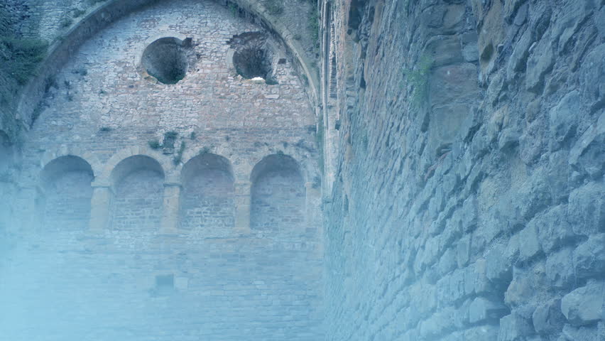 Snow Falls On Medieval Building Ruins