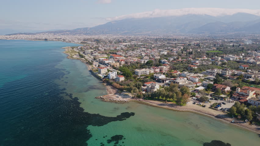 The Coast and View of the Greek Shoreline near Patras, Greece, Europe.
