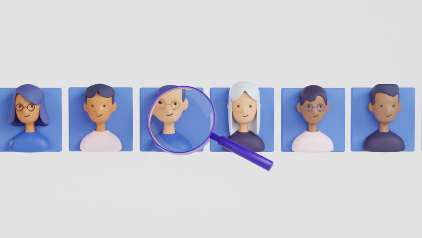 Abstract avatars of people and a magnifying glass. 3d render animation. Recruitment, human resources, talent acquisition, or hiring concept. searching and selecting candidates for the job