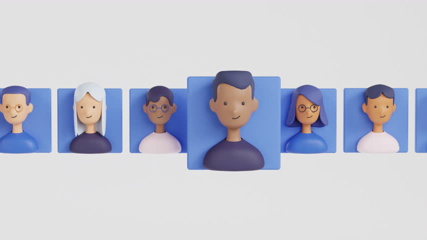 Abstract avatars of people and a magnifying glass. 3d render animation. Recruitment, human resources, talent acquisition, or hiring concept. searching and selecting candidates for the job