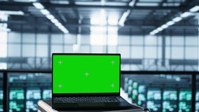Green screen laptop in front of data center engineers in blurry background calibrating energy usage, inspecting servers configuration, supporting sustainable infrastructure, camera B - Powered by Shutterstock - Get 15% off with code: PIKWIZARD15