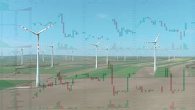 Wind turbines on the background of stock charts, aerial view. Green energy power production. Business financial concept, 4k - Powered by Shutterstock - Get 15% off with code: PIKWIZARD15