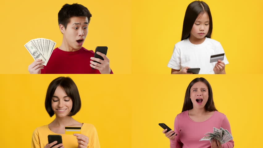 Four young individuals interact with their smartphones while handling cash and credit cards against a bright yellow background. They showcase different aspects of financial management.