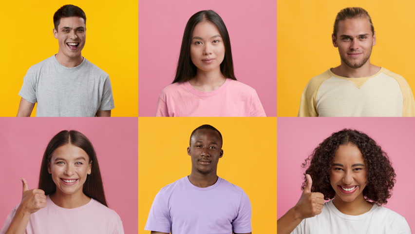 A vibrant gathering features six young adults of different backgrounds, all smiling and giving thumbs up against colorful backdrops. Their expressions reflect joy and positivity.