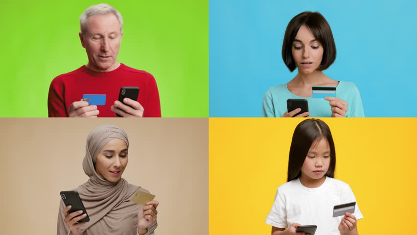 A diverse group of individuals uses smartphones to shop online. They each hold different payment cards while showcasing excitement in colorful backgrounds, highlighting modern shopping habits.