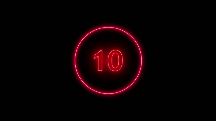 Neon bright glowing countdown timer from 10 to 0 seconds.Colorful Neon numbers from 10 to 0 countdown on black background with light streaks.	