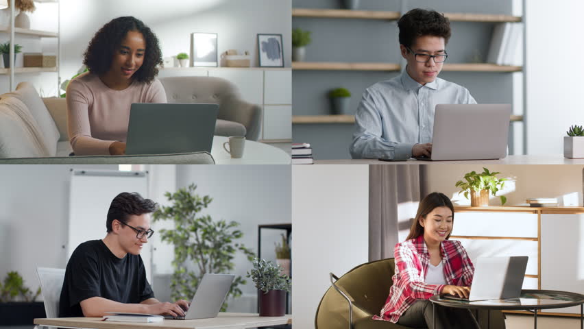 Four people work on laptops in distinct home environments, each focused and engaged in their tasks during daylight hours, showcasing modern remote work practices.