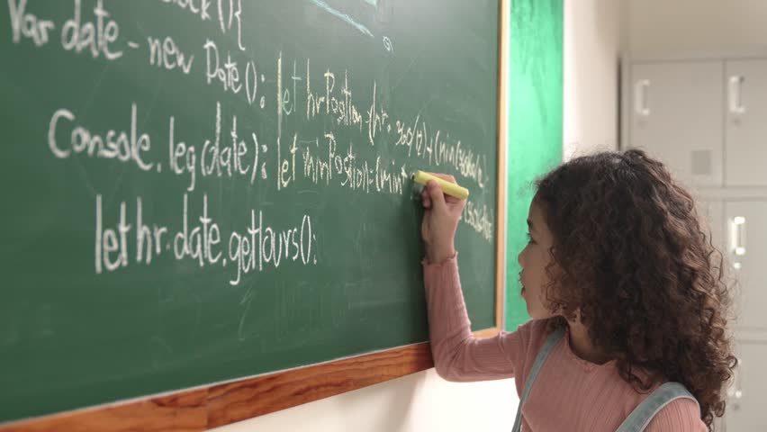 Smart american girl writing engineering prompt and programing system while standing blackboard with generated AI prompt written by diverse smart student at STEM technology lesson. Education. Pedagogy.