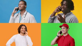 Four people of different backgrounds are talking on their phones. They are positioned in separate quadrants, each against a colorful backdrop, highlighting their unique styles and expressions. - Powered by Shutterstock - Get 15% off with code: PIKWIZARD15