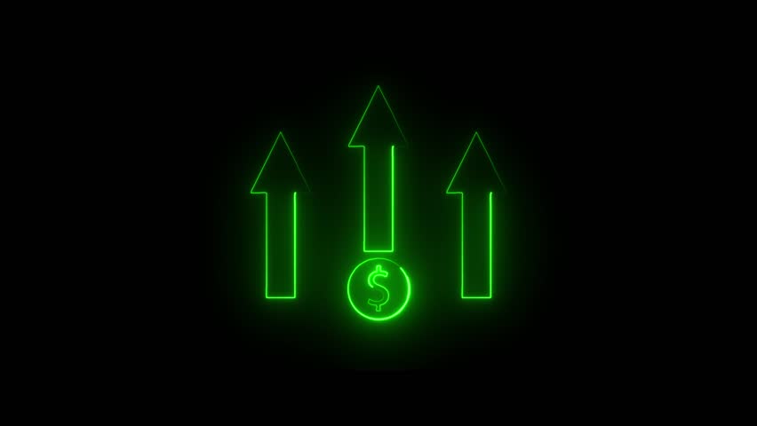 Glowing neon line of dollar sign icon and up arrow. Money, profit, investment, growth business, economy, finance and