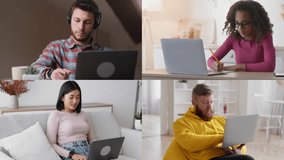 Four young adults focus on their laptops while participating in remote work or online learning. Each person is in a different cozy setting, showcasing diverse study environments. - Powered by Shutterstock - Get 15% off with code: PIKWIZARD15