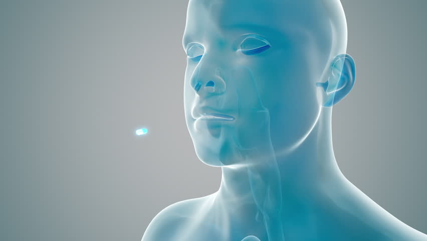 Take capsule, take probiotics, diffuse particles in the stomach, promote gastric motility, and show the whole process of medication.3d animation.