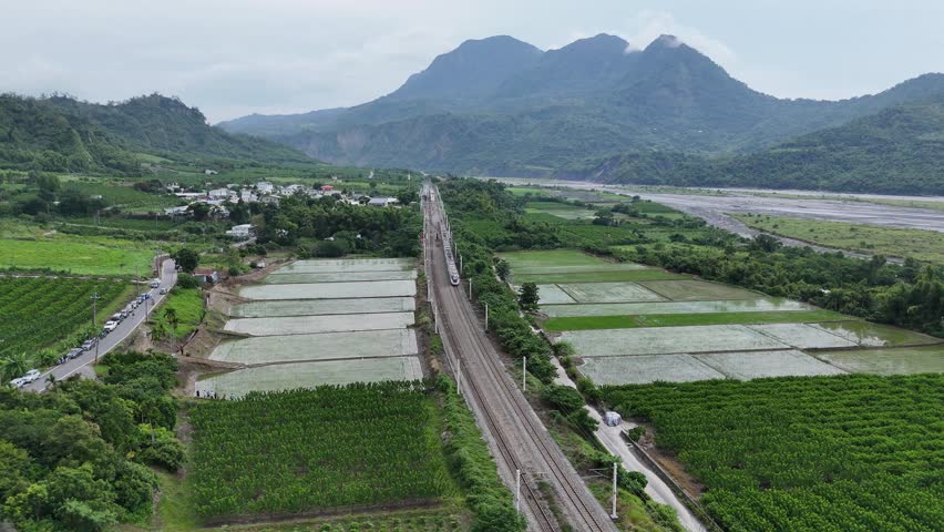 A rapid InterCity train of EMU3000 series dashing thru rice paddies by Beinan River with cliffs of Liji Badlands at the foot of Mount Dulan 都蘭山 in background in Shanli Township, Taitung County, Taiwan