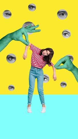 Motion art poster collage video of upset girl marionette hands hold trap exploitation eyeball watch jewish look control