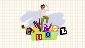 Motion creative art collage video of happy small girl jump pencil-case supplies school education scissors pin sticker - Powered by Shutterstock - Get 15% off with code: PIKWIZARD15