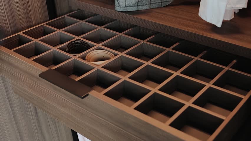 A man opens the closet door and puts a belt in the drawer of a wooden chest of drawers. Modern living room interior design.