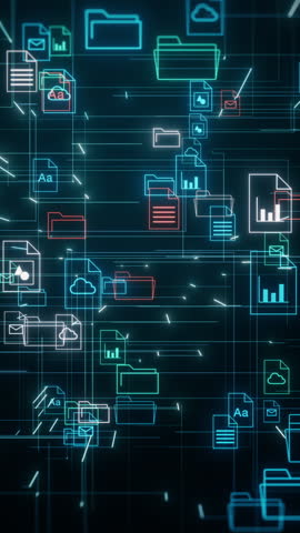 AI assistant for document management system, futuristic software for digital data organization (3d render) vertical video