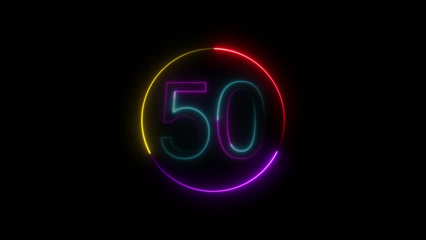  A dynamic circular animation, and glowing neon number 50 animation . on a black background.and creating a stunning video.4k video