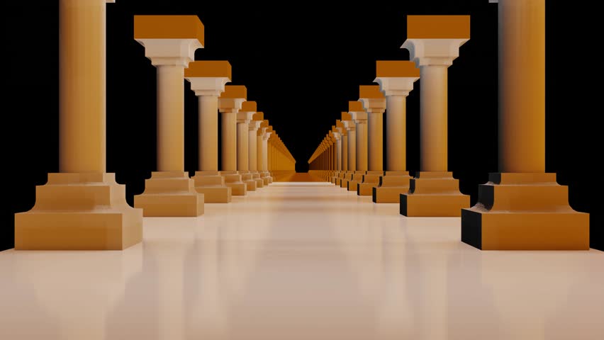 endless forward movement in a dark corridor with 3D rows of columns. 3D render looped animation